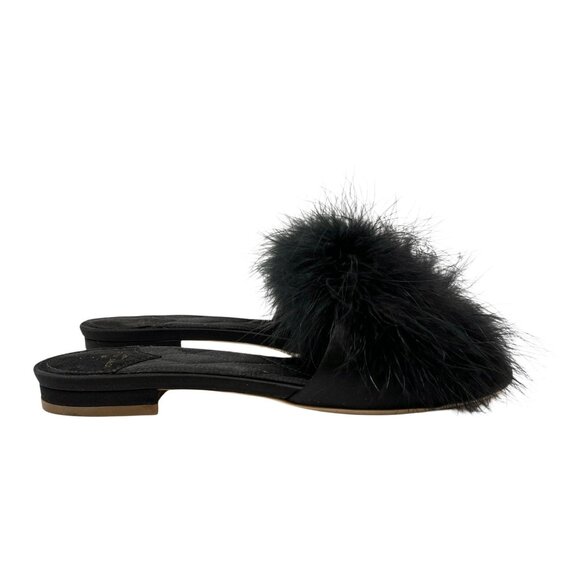 LOUIS VUITTON LV Logo Fur Flats Sandals #37 Rhinestone Black Gold Satin [105937] - Picture 4 of 9